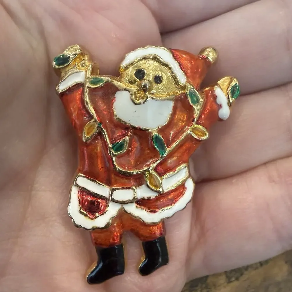 Vintage Happy Santa Claus Enamel Christmas Brooch Pin Red White Gold Green Black